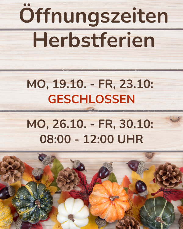 Öffnungszeiten Herbstferien 2026: vom 19.10. bis 23.10. ist die vhs-Geschäftsstelle geschlossen. Vom 26.10. bis 30.10. ist die Geschäftsstelle täglich von 8 bis 12 Uhr geöffnet.
